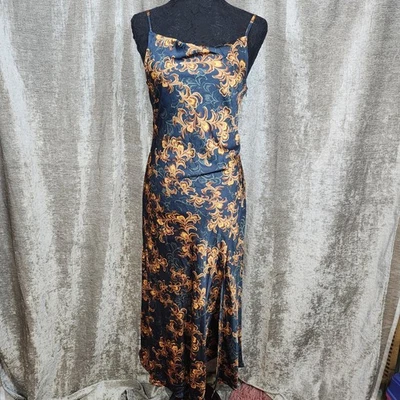 Vestido sin Mangas Vestique Azul Marino Dorado Barroco Para Mujer Pequeño Cuello Capucha Satinado Midi Maxi Foto 1 de 4