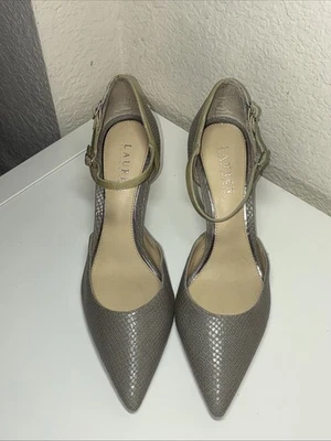 Ralph Lauren Sophie Heels Leather Ankle Strap Snake Embossed Gray Wm Sz 10B - Image 1 of 4