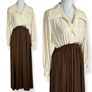 70s Vintage Long Maxi Dress Size M Brown Dart Collar Relaxed Tie Waist Leisure - Picture 1 of 15