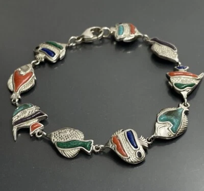 COCO Sterling Silver 925 Assorted Gemstone Fish Womens Link Bracelet 7.5” - Image 1 of 4