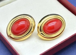 Vintage Earrings MONET 1980s Stylish Red Lucite Gold Plated Pierced Jewellery - Picture 1 of 7