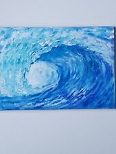 Original Acrylic.Blue Ocean Wave, 6.3/4 x 4.3/4 On Woodplank, pipe,  loop, surf 