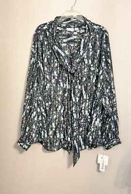 Liz Claiborne Blouse Women 3X Long Sleeve Neck Tie Gold Striped Hidden Buttons - Image 1 of 4