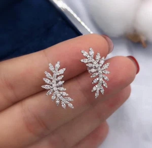 Elegant Silver Titanium Flower Laurel Branch Leaf Pave CZ Stud Earrings - Picture 1 of 3