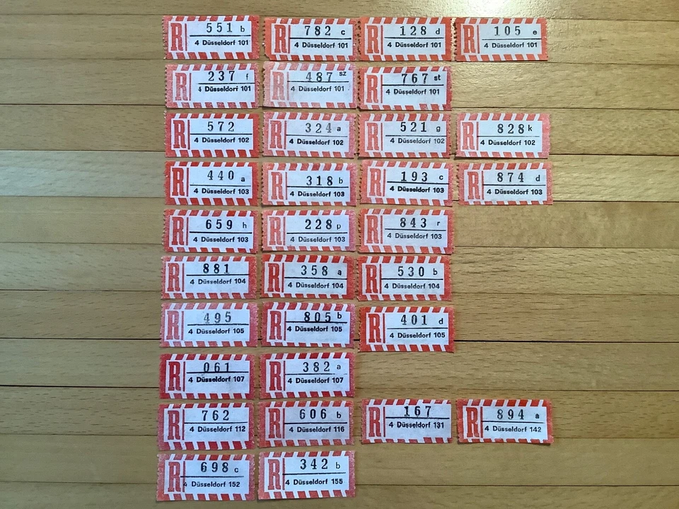 Einschreibezettel 4 Düsseldorf 101,102,103,104,105,107,112,116,131,142,152,155 - Bild 1 von 1