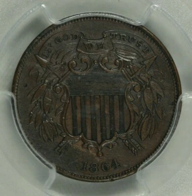 1864 2 Cent. .02. PCGS Genuine. Damage. AU Details. Sm Motto. - Image 1 of 4