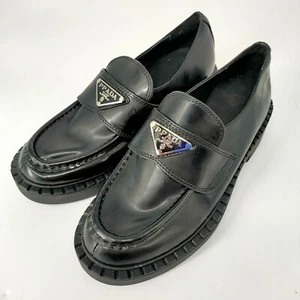 Women's Chocolate Brushed Leather Loafers Black - Triangle Logo - Size 37 - Picture 1 of 7