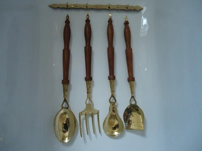Vintage Brass Kitchen Utensils Set & Hook Rack Spoons Skimmer Fork Kitchenalia - Image 1 of 4