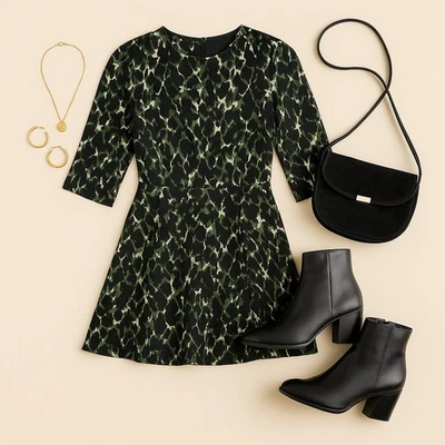 A.L.C. Mini Vestido Terry 100% Seda 4 Negro Verde Crema Estampado Ajuste y Acampanado 3/4 Slv Foto 1 de 4