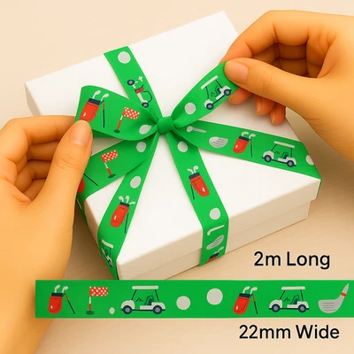 2m x 22mm Green Golf Cart Ball Flag Ribbon – Gift Wrap & Cake Decorating Ribbon - Image 1 of 4