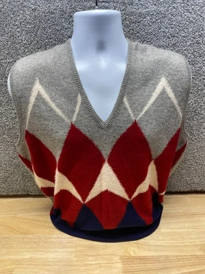 Vintage Neiman Marcus Argyle Made In Scotland 100% Cashmere Gray Red Blue Vest - Image 1 of 4