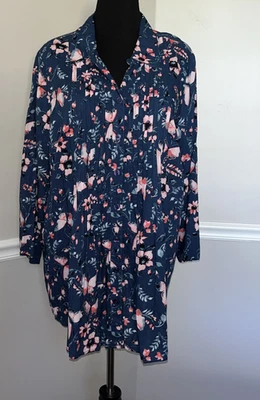 Blusa para mujer Woman Within floral plisada cuello en V manga 3/4 azul talla 1X 22/24 Foto 1 de 4