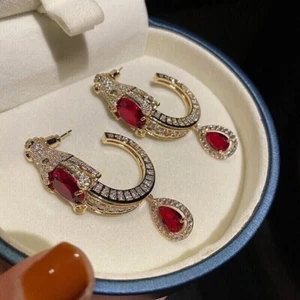 3.50Ct Oval Cut Lab-Created Red Ruby Drop/Dangle Earrings 14K Yellow Gold Finish - Picture 1 of 5