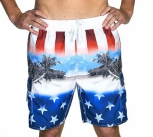 Freedom Beach Tropical American Flag Patriotic USA Swim Board Shorts MN-155-RED - Picture 1 of 4