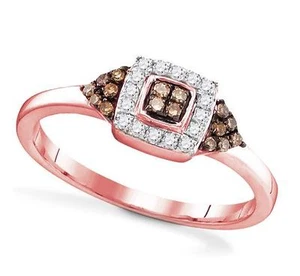 10K Rose Gold Ring Chocolate Brown & White Diamond Square Cluster Band .20ct - Picture 1 of 2