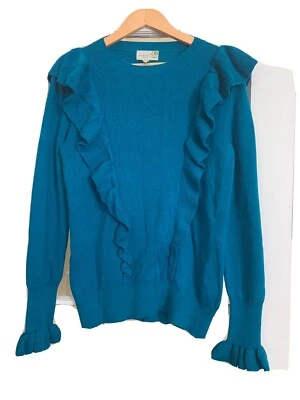 Sahalie 毛衣 套衫 深蓝绿色 尺寸 中号 全新无标签 荷叶边 前飘动袖口 — 第 1/4 张图片
