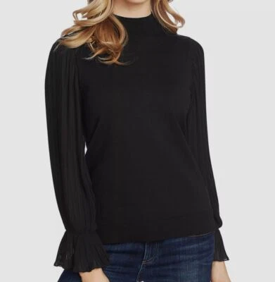 Cece 女式黑色打褶喇叭袖罗纹模拟领棉质毛衣 S 码 — 第 1/3 张图片