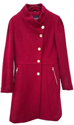 NUEVO SIN ETIQUETAS ADIVINAR Chaquetón Asimétrico Botón Delantero Lana Para Mujer M Rojo Cuello Ala Foto 1 de 4