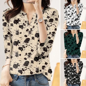 UK 8-24 Womens Printed Long Sleeve V Neck Shirt Ladies Blouse Casual Loose Tops - Picture 1 of 22