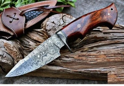 EH KNIVES CUSTOM HANDMADE FORGED DAMASCUS STEEL BOWIE HUNTING EDC KNIFE ROSE WOOD HANDLE