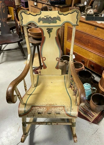 Antique Rocking Chair Mustard Yellow Plank Bottom Painted Grapes Well Worn LOOK Cover