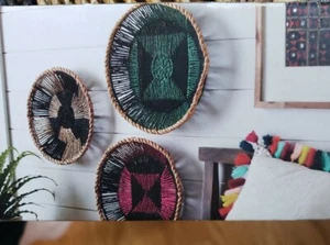 Set of 3 Artisan Woven Seagrass Basket Boho Hanging Wall Decor Round Discs New - Picture 1 of 5