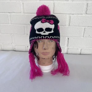 Monster High Beanie Knit Hat Toboggan Black Pink Skull Lightening Bolts - Picture 1 of 7