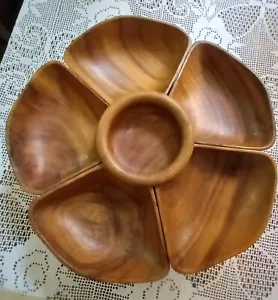 Teak Wood Lazy Susan 7 Piece Set Removable Serving Dishes 13.5 Inch Vintage - Picture 1 of 6