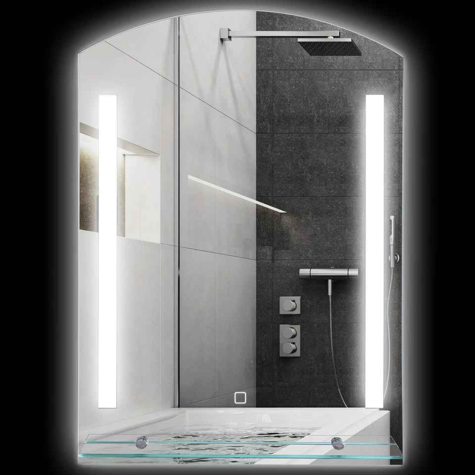 kleankin Specchio per Bagno con Luce LED e Mensola in Vetro 50x12x70cm Argento - Immagine 1 di 4