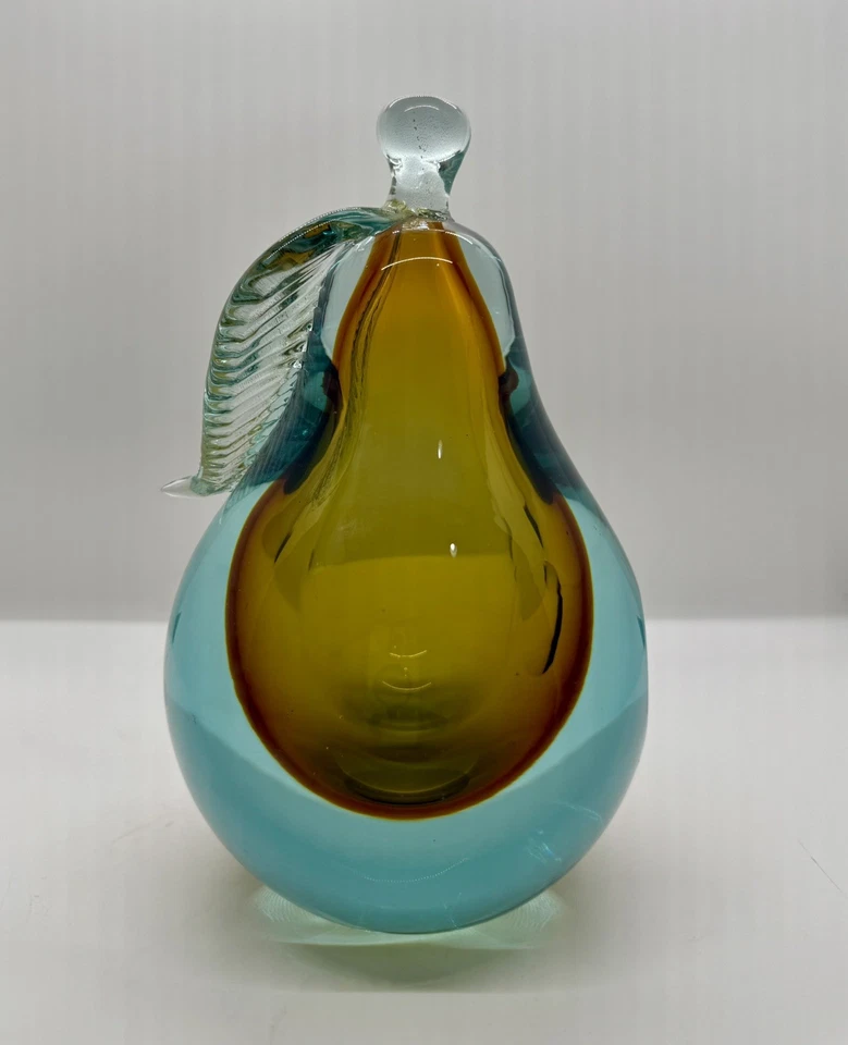 Pisapapeles cristal Murano Barbini manzana pera aguamarina con sujetalibros manchas doradas Foto 1 de 4