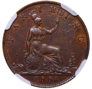 1881 United Kingdom Queen Victoria 1 Farthing Bronze Coin Graded NGC AU 55 BN - Picture 1 of 3
