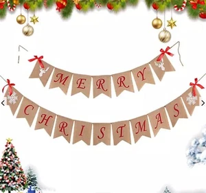 Merry Christmas Bunting Hessian Garland Hanging Banner Home Decoration .4 DESIGN - Picture 1 of 18