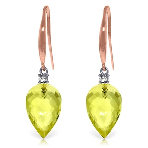 14K. GOLD FISH HOOK EARRINGS WITH DIAMONDS & POINTY BRIOLETTE QUARTZ LEMON - Picture 1 of 9