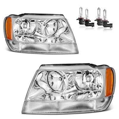 Pair Headlights For 1999-2004 Jeep Grand Cherokee Chrome Headlamps W/bulbs,Used Foto 1 de 4