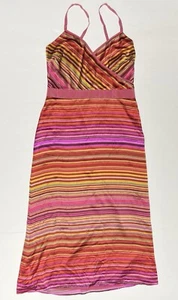 Vintage Banana Republic Women's 100% Silk Midi Dress 4 Pink Orange Stripes Y2K - Picture 1 of 11