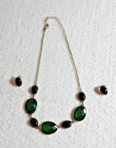 Statement Halskette & Ohrstecker Set grün facettiert schwarz oval goldfarben Schmuck - Bild 1 von 6