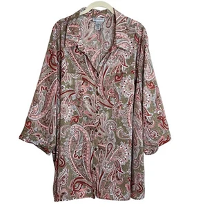 Catherines Womens Blouse 2X Paisley Button Front Pink Olive Stretch Knit Tunic - Picture 1 of 5