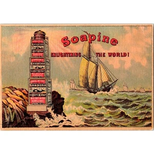 SOAPINE - Soap Kendall Mfg Co - Sailing Ship - Lighthouse - Victorian Trade Card - Picture 1 of 2