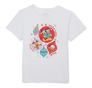 S(6/6X) Girl's White Holiday Shirt Disney Motif Mickey & Minnie Donald Pluto S/S - Picture 1 of 4