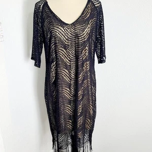 Emma & Michele transparentes schwarz-hellbraunes Netzkleid mit Fransen, Größe XL - Bild 1 von 9