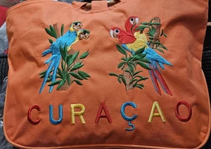Canvas Orange Holiday Beach Bag Beautiful Embroidered Colourful Birds - Curacao - Picture 1 of 5