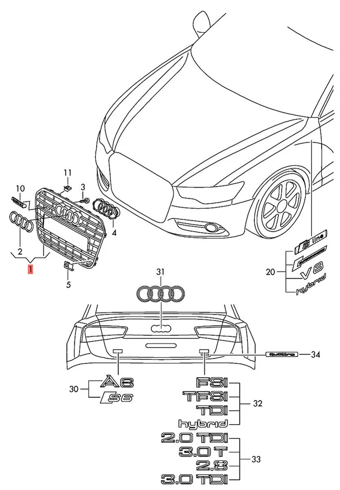 Rejilla radiador gris platino original AUDI A6 Avant S6 quattro 4G0853651K1RR Foto 1 de 1