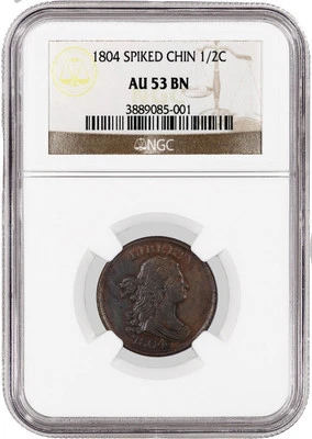 1804 1/2C Draped Bust Half Cent Cohen 6 C-6 Spiked Chin NGC AU53 BN Brown Coin - Image 1 of 4