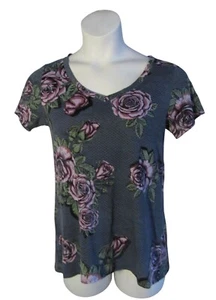 LuLaRoe XS Purple Roses Christy V-Neck Tee Knit Shirt Top Stretch - Picture 1 of 3