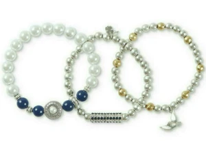 $45 Lucky Brand Blue Lapis and Pearl Bird Two-Tone Stretch Bracelets, 3 Pc NWT - Picture 1 of 5