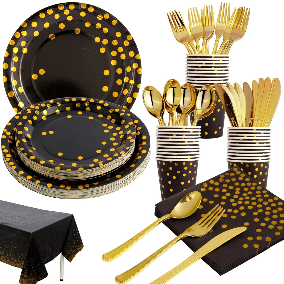 Juego de fiesta desechable negro y dorado 176 piezas - platos, tazas, servilletas, cubiertos Foto 1 de 4