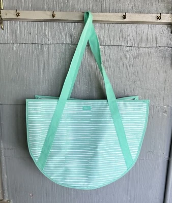 Thirty One Round Utility Tote Bag Miami Stripe Mint Green White Beach Shopping - Image 1 of 4