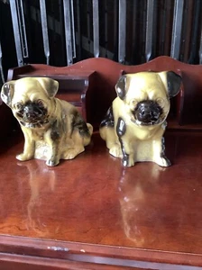 Antique Vintage Matching Pair Of Ceramic Pug Dogs - German/British - Foto 1 di 7