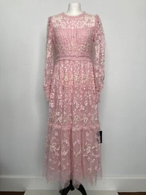 VESTIDO MIDI LARGO AGUJA E HILO UK10 US6 rosa bonito bordado boho boda Foto 1 de 4