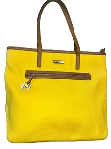 Authentic Michael Kors MK Ciara Sunshine Yellow Large Tote Bag Brown Leather EUC - Picture 1 of 12
